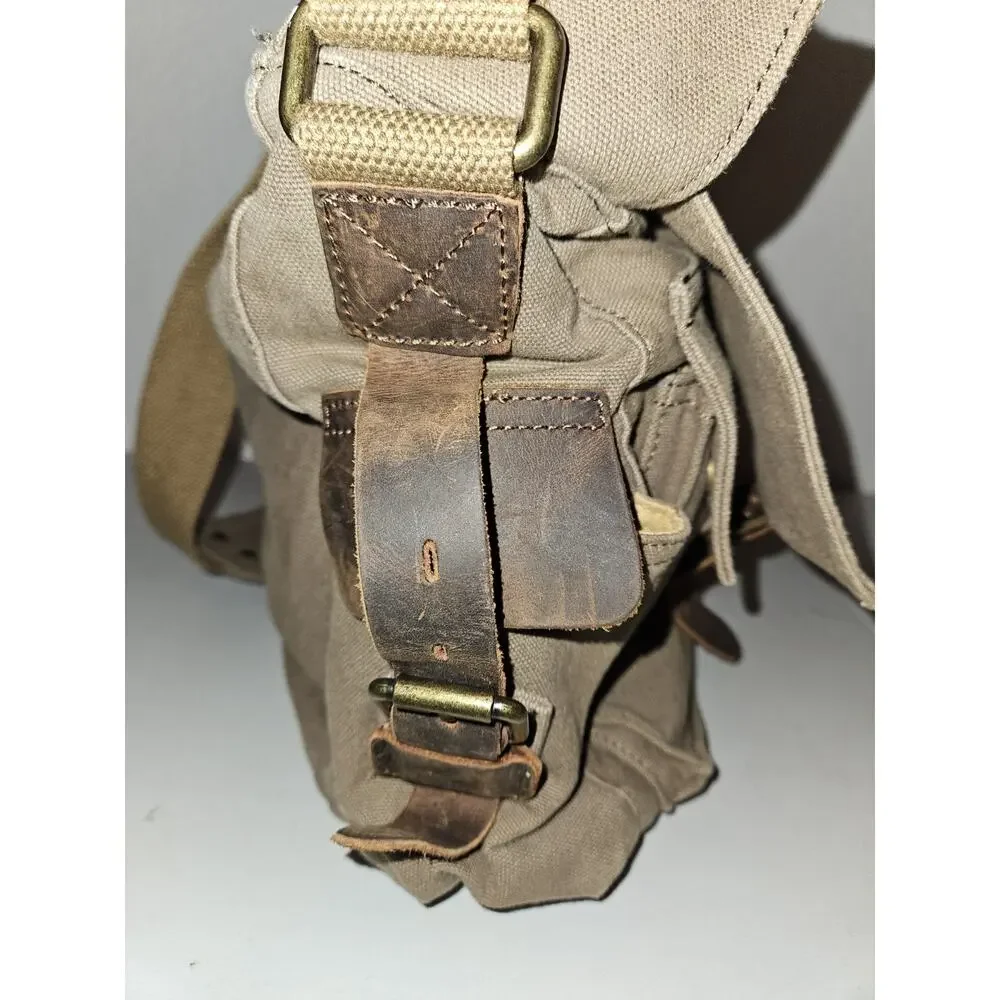 S-ZONE Khaki Canvas W/Leather Accents Messenger Bag Laptop Carry Case 15x12x4